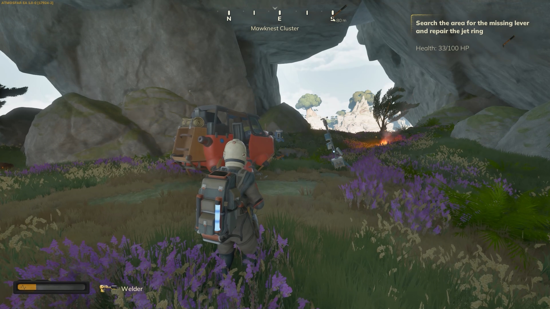 a cavern-like view of a small camp in Atmosfar (including cosy campfire)