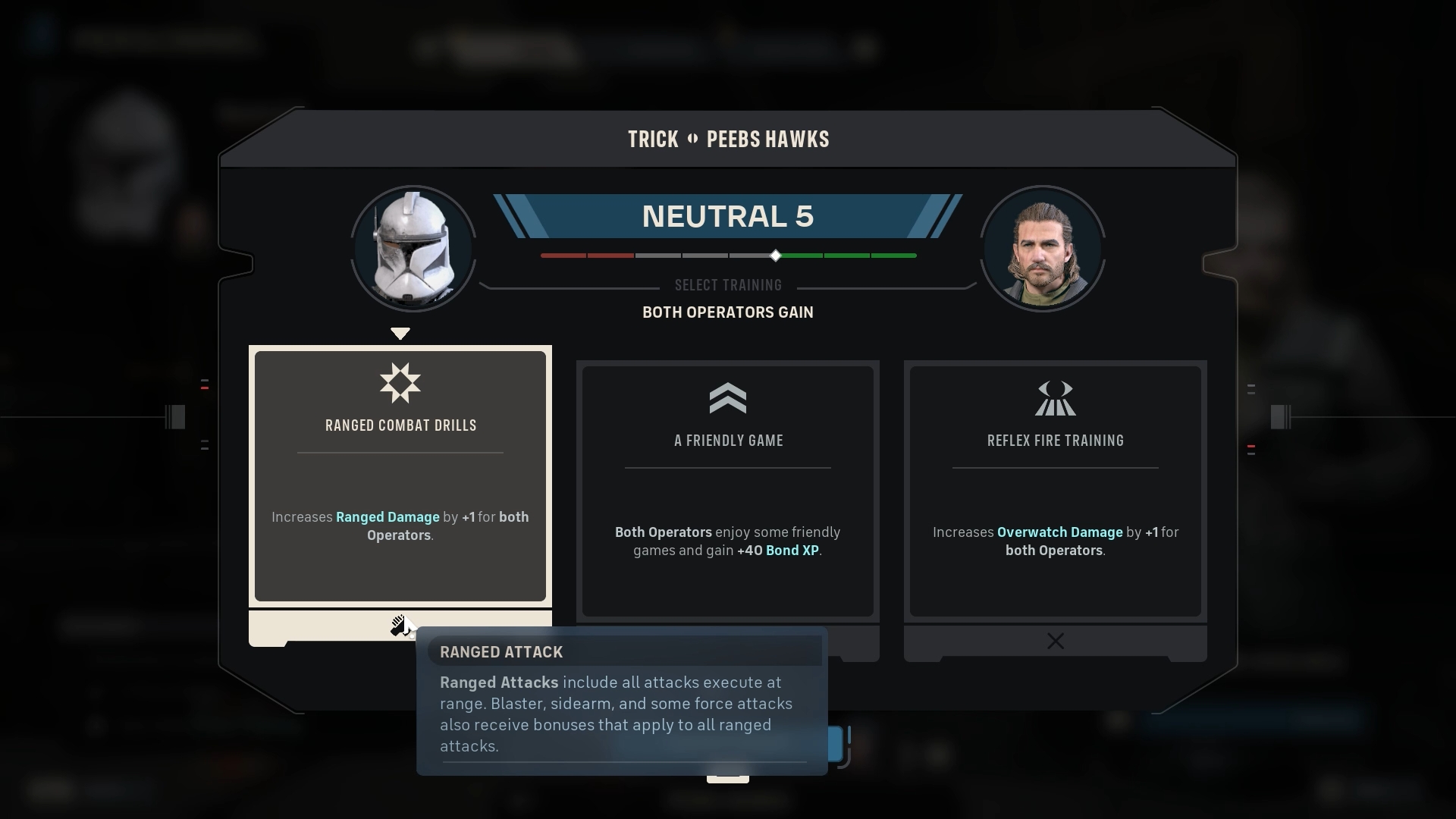 STAR WARS Zero Company Review - Bonds screen showing two operators and upgrades based on relationship